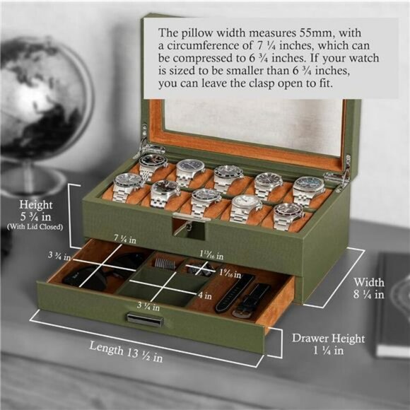 Leather Watch Box with Glass Top 10 Slot Display Valet Drawer Jewelry Holder - Picture 3 of 7